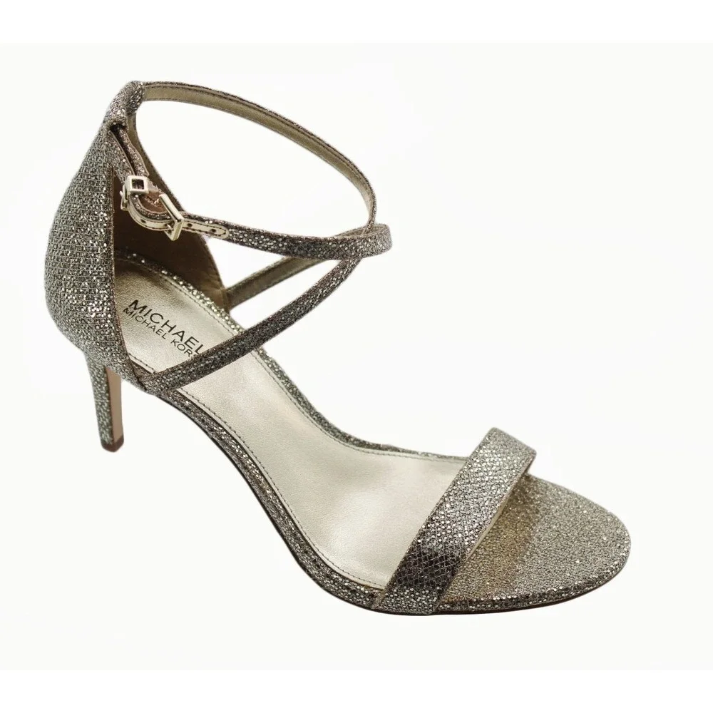 Michael Kors Womens Ava Mid Sandals Glitter Mesh Size 6.5M Sand 4OF9AVMA3D